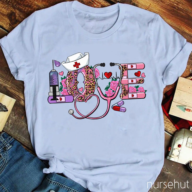 Valentine Love Stethoscope Leopard Print Flower Nurse T-Shirt