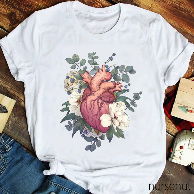 Retro Painting Style Heart And Flowers Nurse T-Shirt