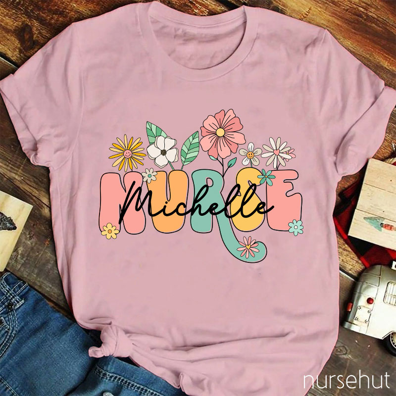 Personalized Nurse Name Flower Nurse T-Shirt