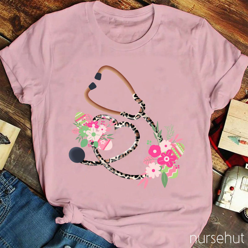 Floral Leopard Stethoscope Heart Nurse T-Shirt