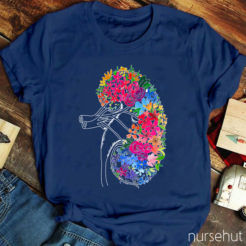 Anatomical Kidney Floral  Nurse T-Shirt
