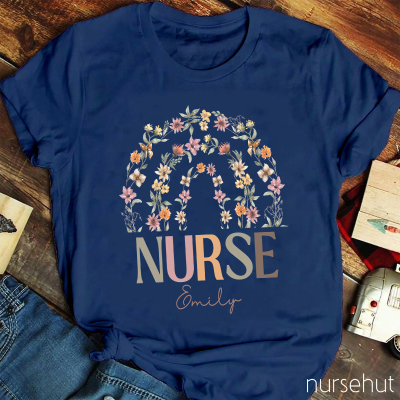 Personalized Rainbow Flower Nurse T-Shirt