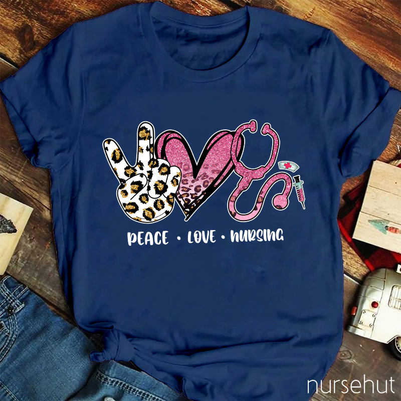 Peace Love And Nursing Shining Pink Leopard Print Nurse T-Shirt