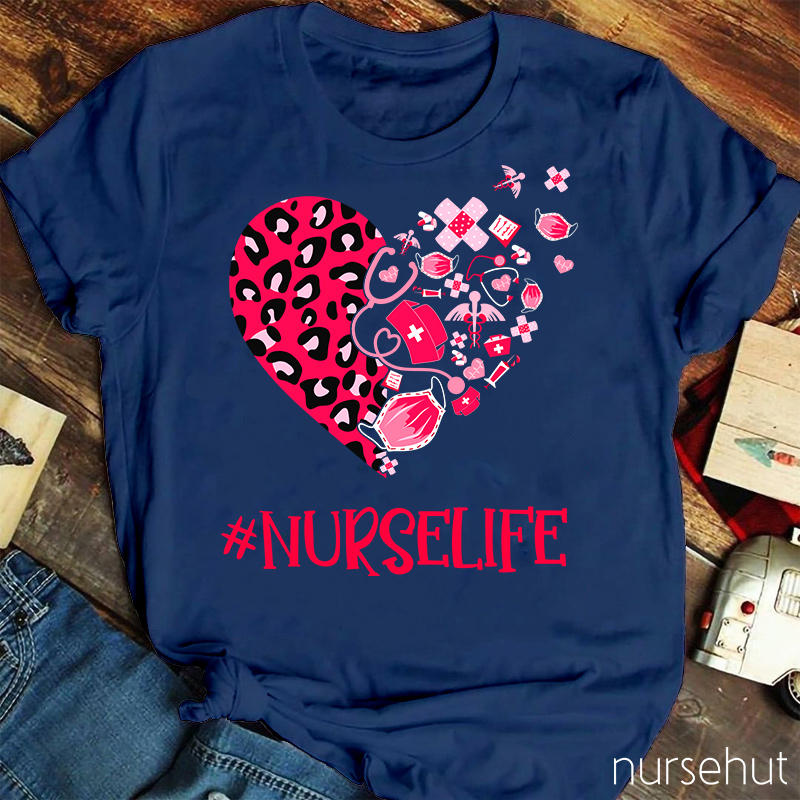 Leopard Print Love Heart Nurselife Nurse T-Shirt