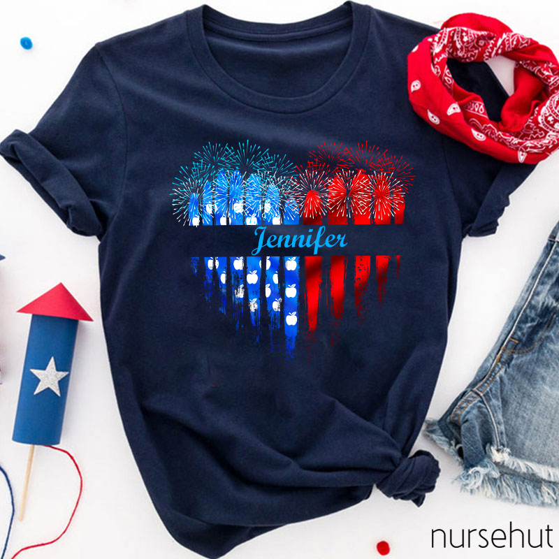 Personalized Name Love Flat Fireworks Nurse T-Shirt