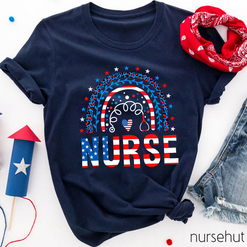 Independence Day Rainbow Heart Nurse T-Shirt