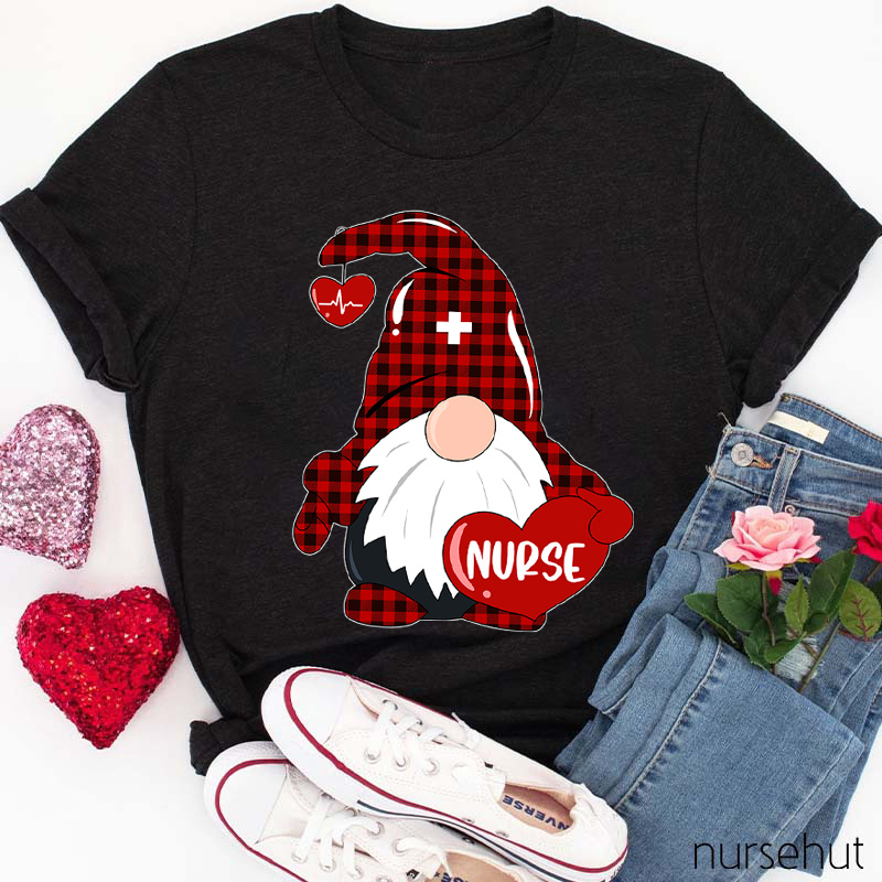 Red Plaid Gnome Red Heart Nurse T-Shirt