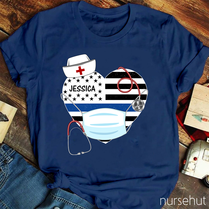Personalized Stars And Stripes Heart Nurse Mask Stethoscope Nurse T-Shirt