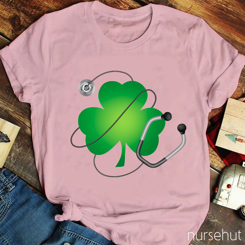 Four Leaf Clover With Stethoscope Nurse T-Shirt