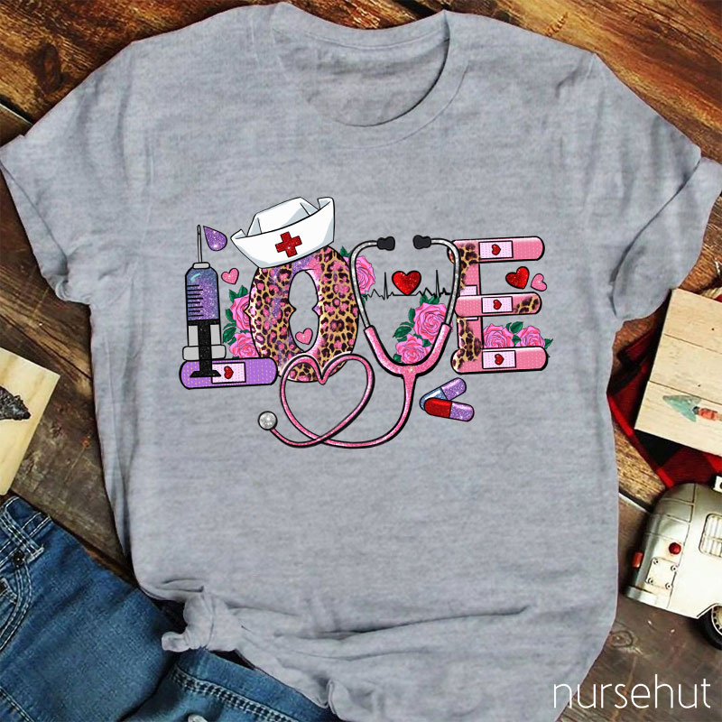 Valentine Love Stethoscope Leopard Print Flower Nurse T-Shirt
