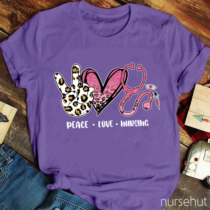 Peace Love And Nursing Shining Pink Leopard Print Nurse T-Shirt