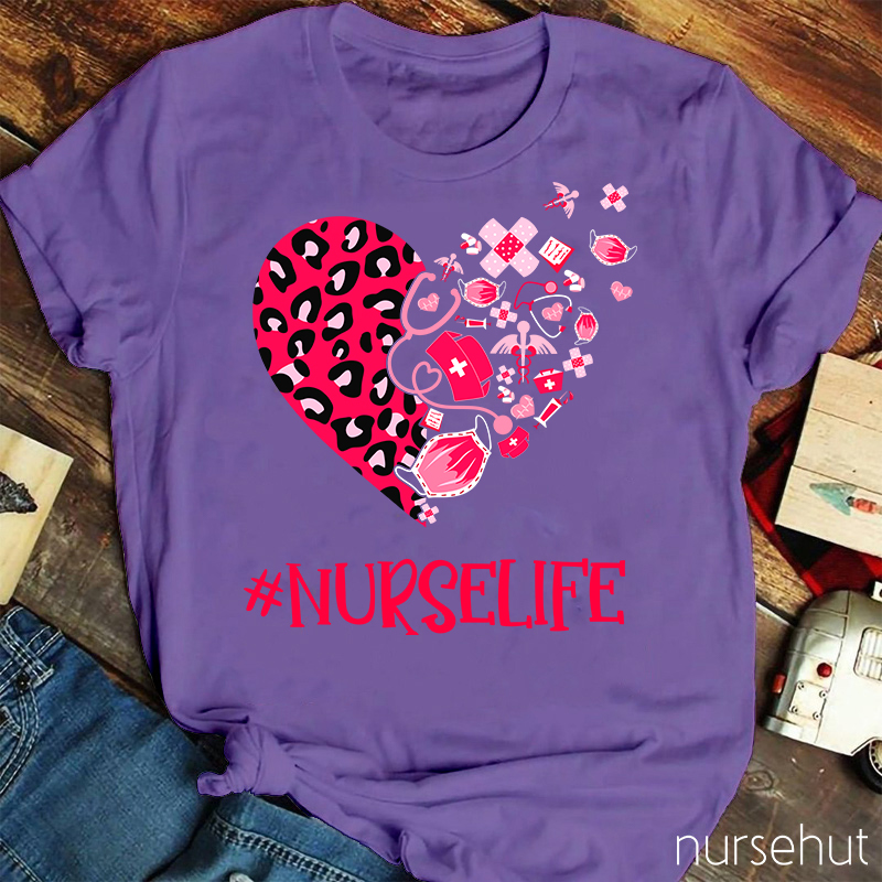 Leopard Print Love Heart Nurselife Nurse T-Shirt