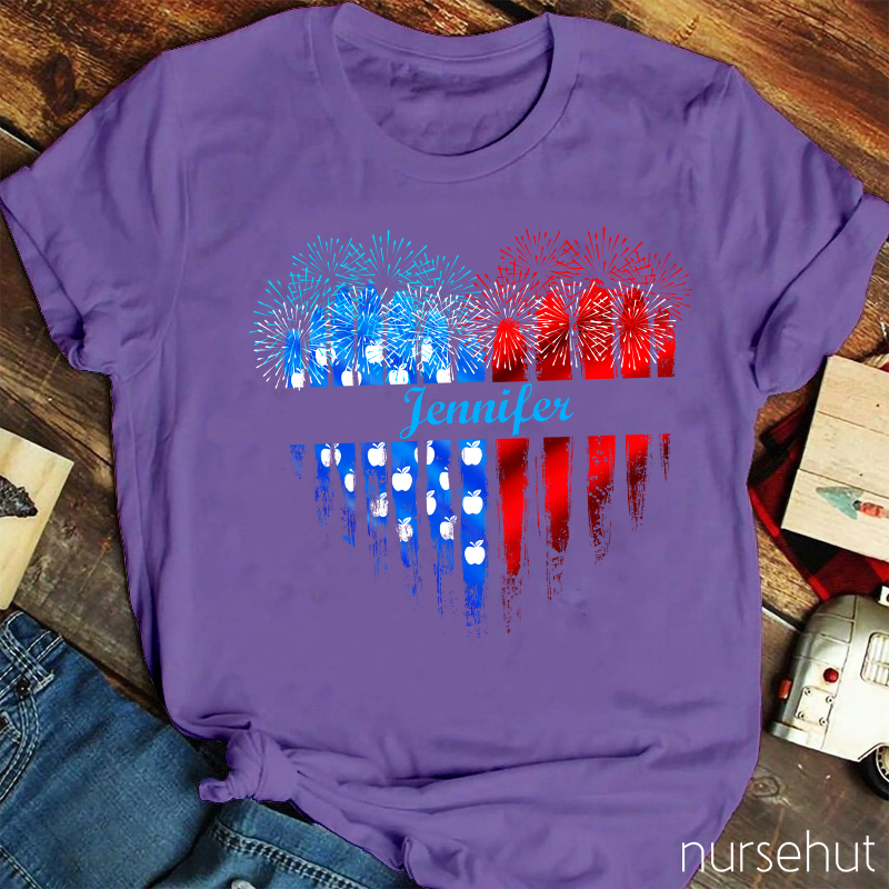 Personalized Name Love Flat Fireworks Nurse T-Shirt