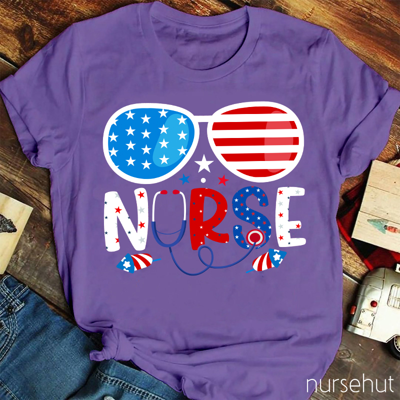 Flag Glasses Fireworks Nurse T-Shirt