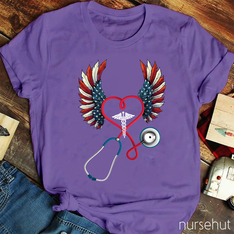 Flag Double Wing Love Stethoscope Nurse T-Shirt
