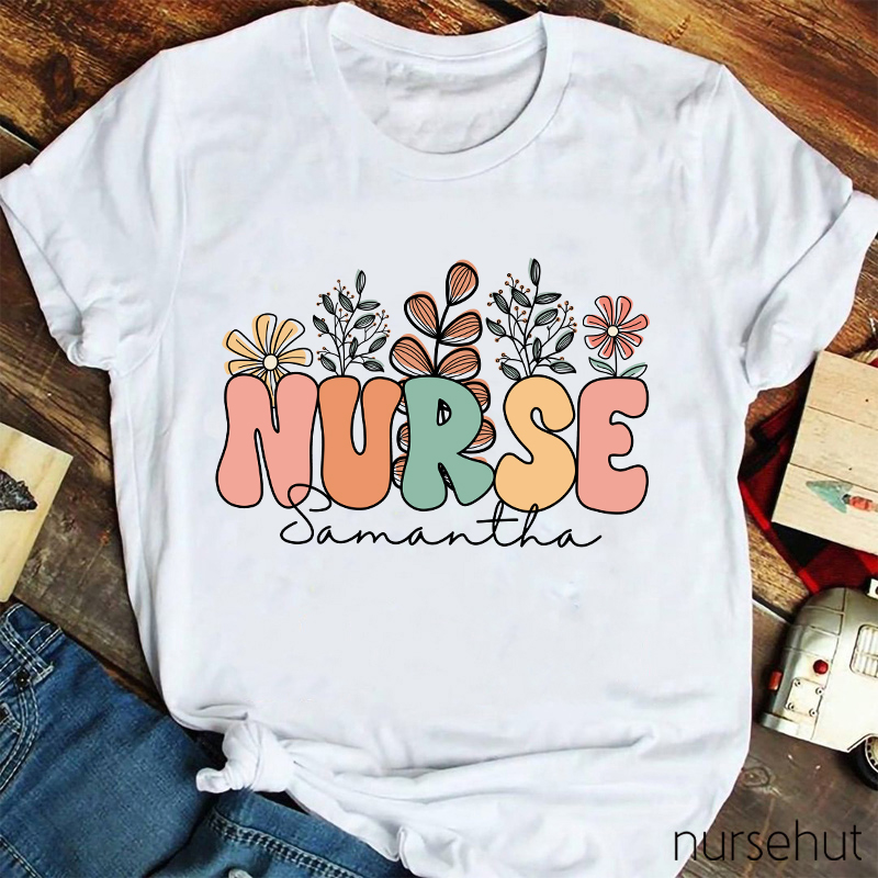 Personalized Name Flowers Nurse T-Shirt