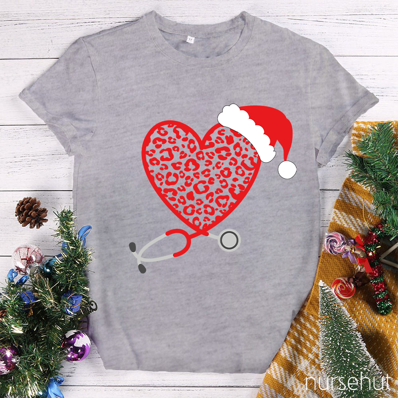 Leopard Red Heart Stethoscope Nurse T-Shirt