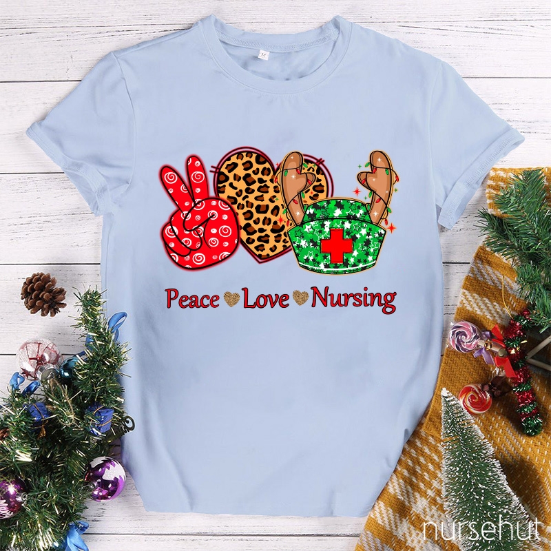 Peace Love And Nursing Leopard Christmas Vibes Nurse T-Shirt