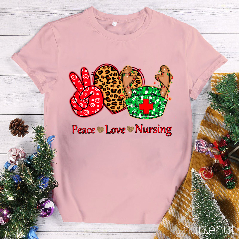 Peace Love And Nursing Leopard Christmas Vibes Nurse T-Shirt