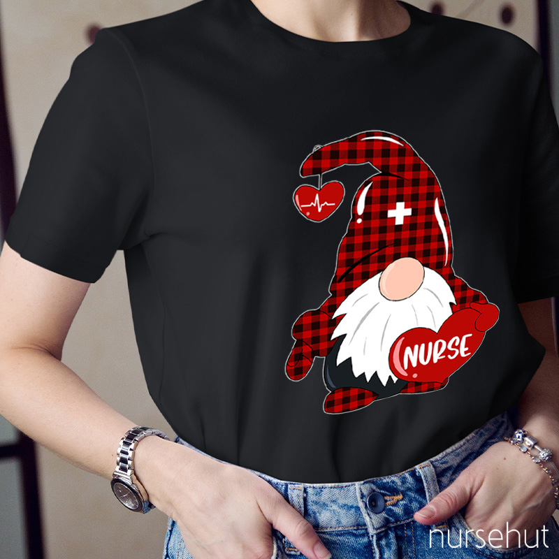 Red Plaid Gnome Red Heart Nurse T-Shirt