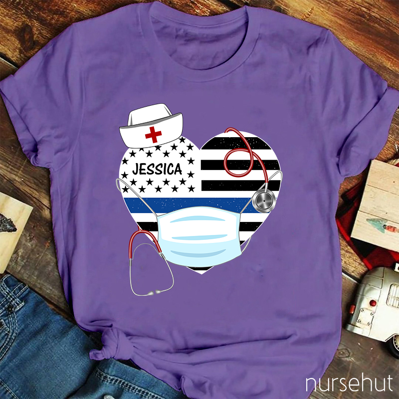 Personalized Stars And Stripes Heart Nurse Mask Stethoscope Nurse T-Shirt