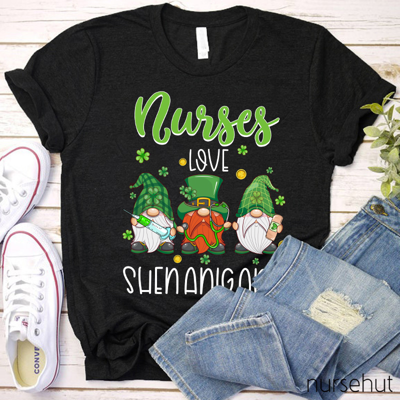 Nurses Love Shenanigans Leprechaun Gnome Nurse T-Shirt