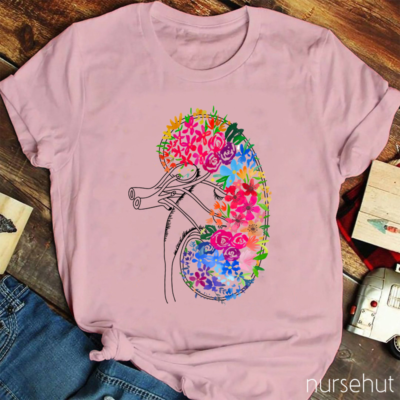 Anatomical Kidney Floral  Nurse T-Shirt