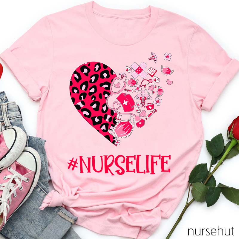 Leopard Print Love Heart Nurselife Nurse T-Shirt