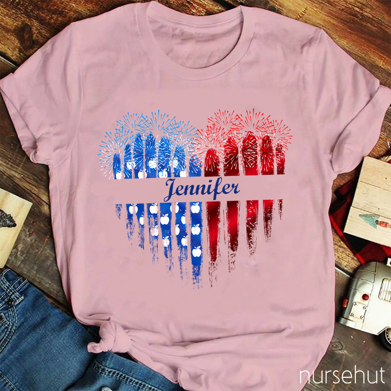 Personalized Name Love Flat Fireworks Nurse T-Shirt