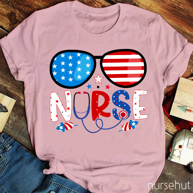 Flag Glasses Fireworks Nurse T-Shirt