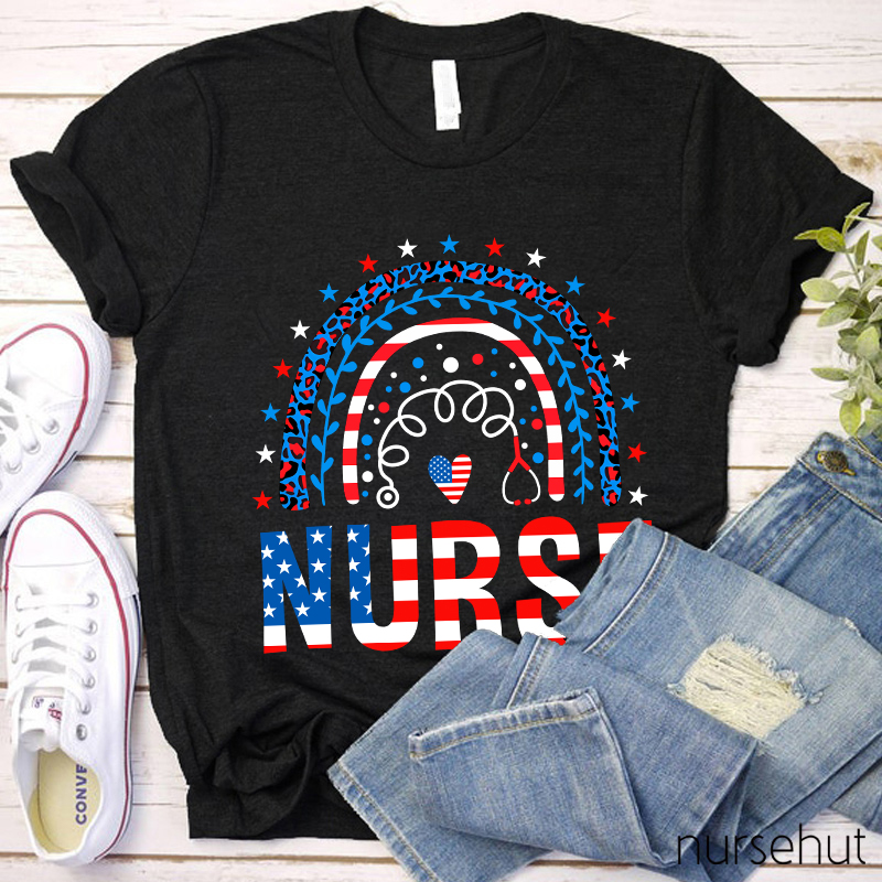 Independence Day Rainbow Heart Nurse T-Shirt