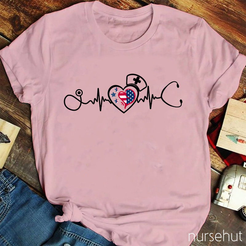 Flag Heart ECG Stethoscope Nurse T-Shirt