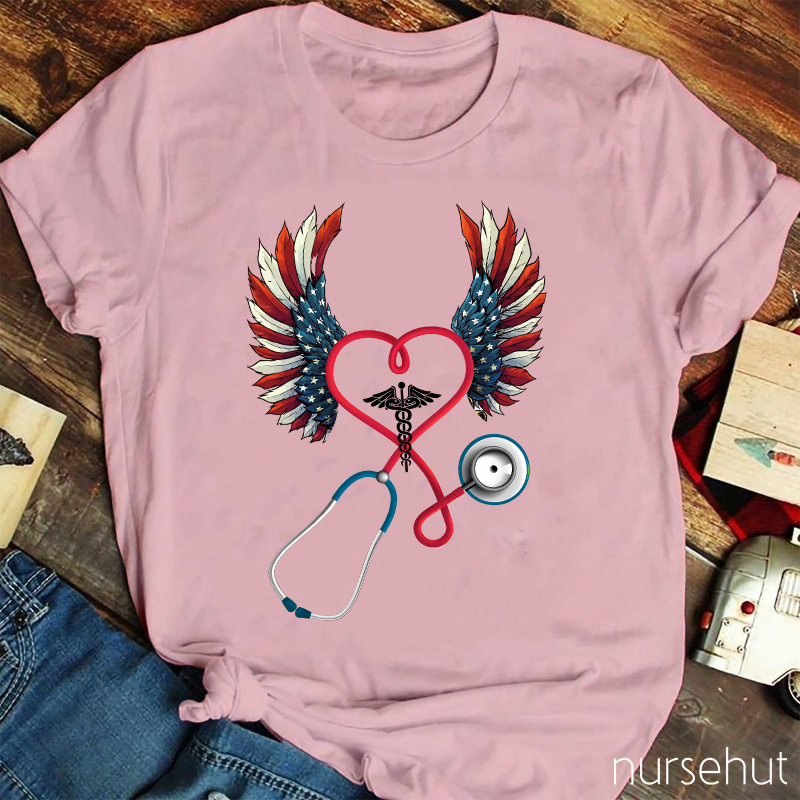 Flag Double Wing Love Stethoscope Nurse T-Shirt