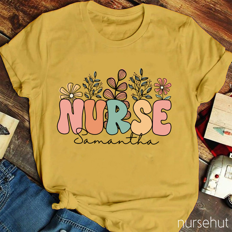 Personalized Name Flowers Nurse T-Shirt