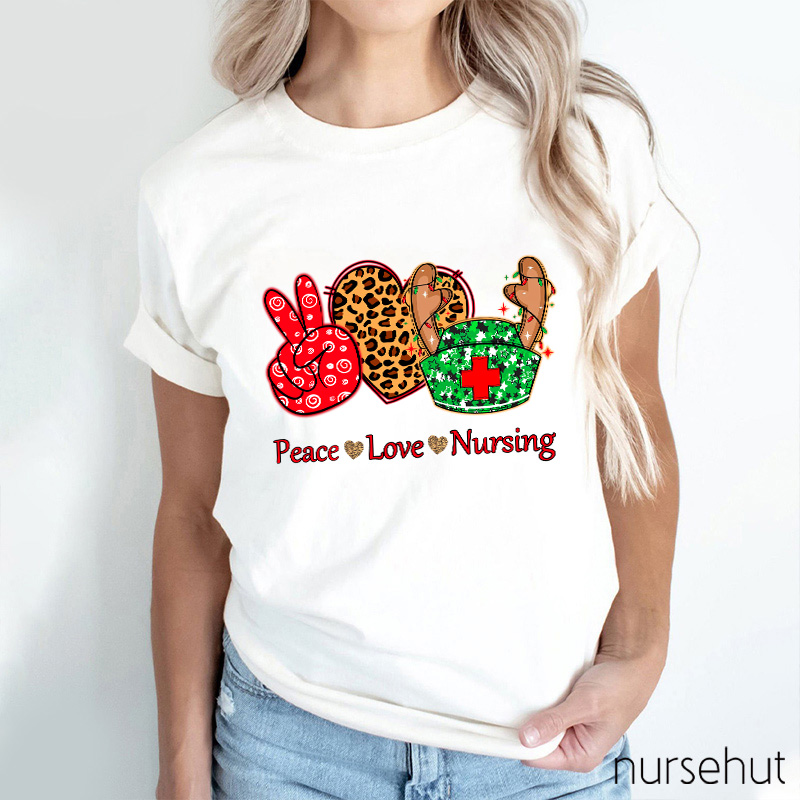 Peace Love And Nursing Leopard Christmas Vibes Nurse T-Shirt