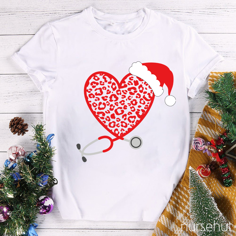 Leopard Red Heart Stethoscope Nurse T-Shirt