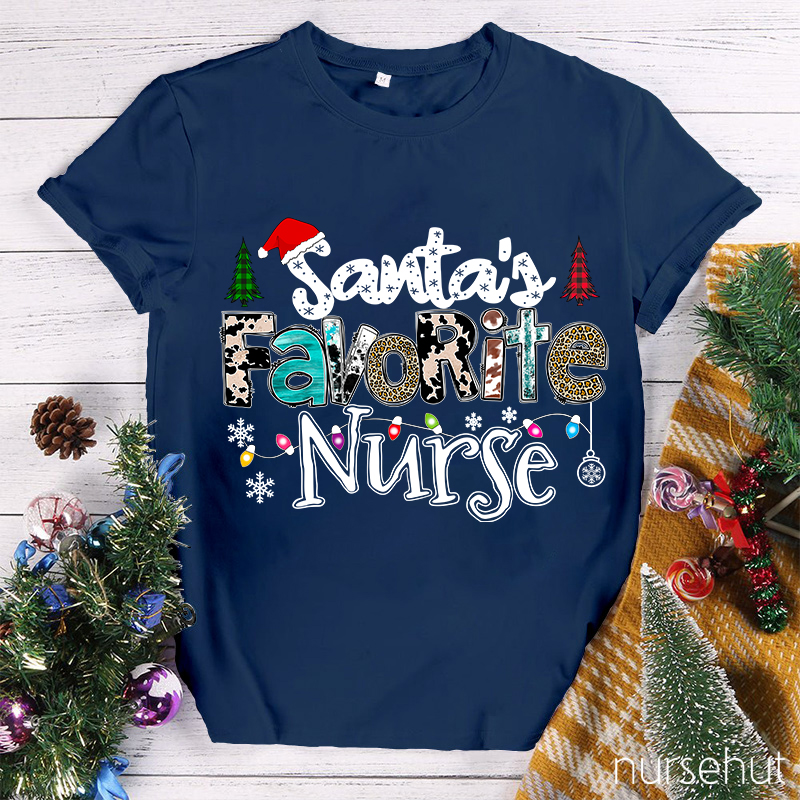Santa's Favorite Nurse Leopard Christmas Nurse T-Shirt