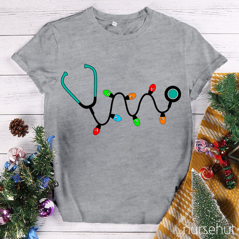 Christmas Lights Stethoscope Nurse T-Shirt