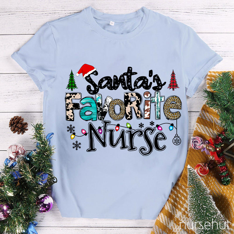 Santa's Favorite Nurse Leopard Christmas Nurse T-Shirt