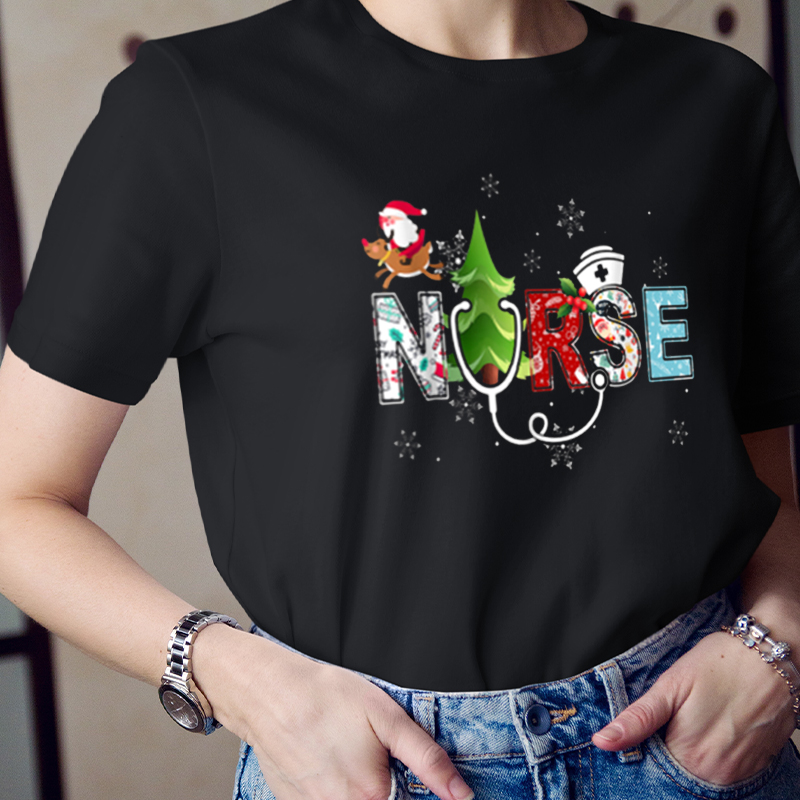 Christmas Nurse Vibes Floral Print Nurse T-Shirt