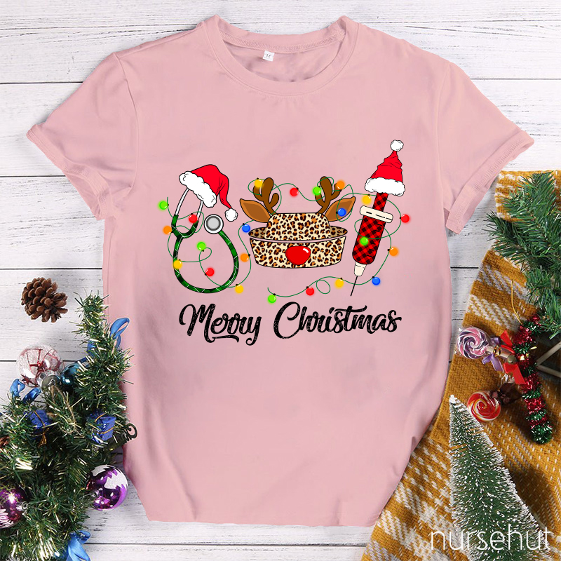 Merry Christmas Leopard Nurse Hat Nurse T-Shirt