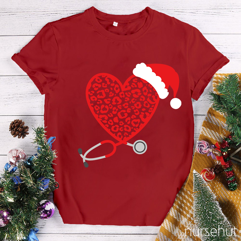 Leopard Red Heart Stethoscope Nurse T-Shirt