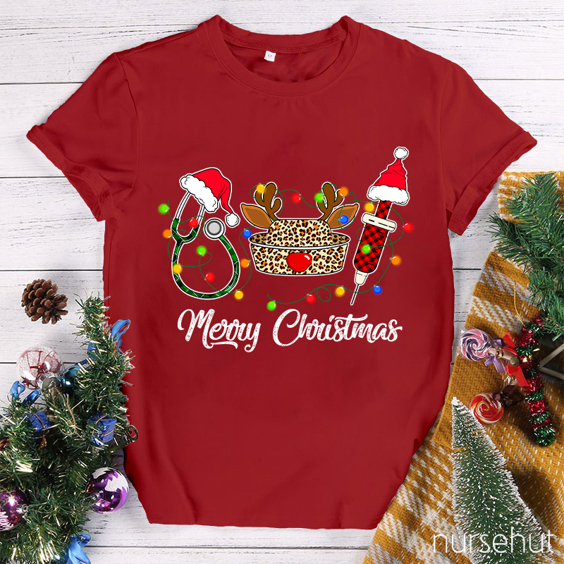 Merry Christmas Leopard Nurse Hat Nurse T-Shirt
