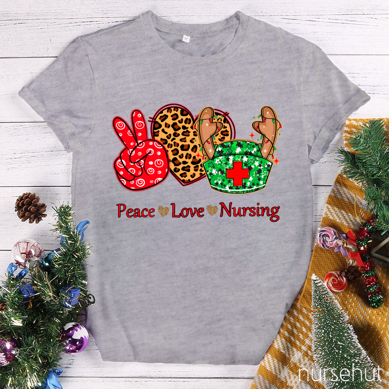 Peace Love And Nursing Leopard Christmas Vibes Nurse T-Shirt