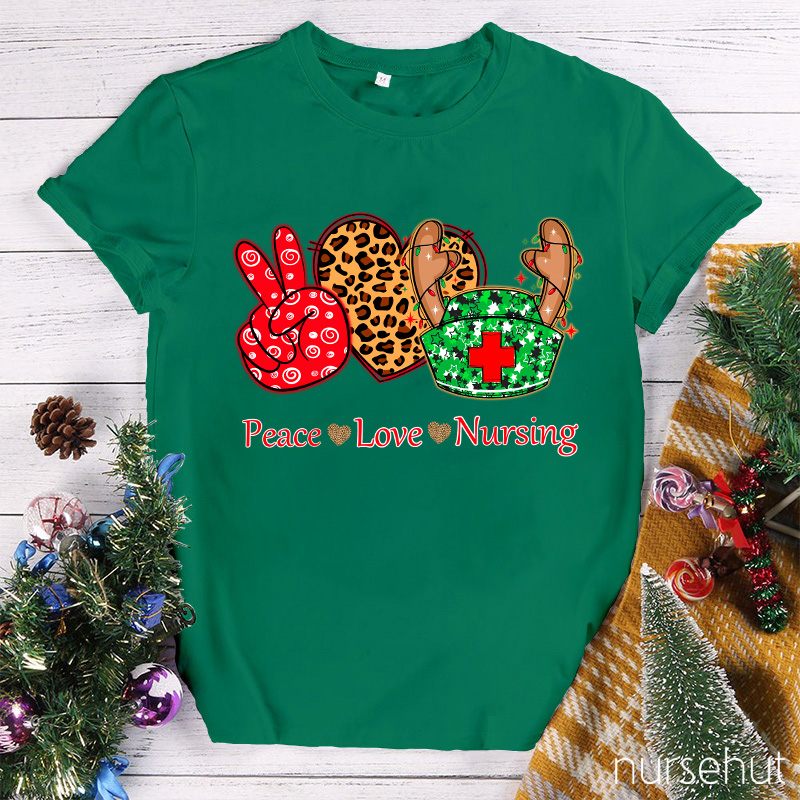 Peace Love And Nursing Leopard Christmas Vibes Nurse T-Shirt