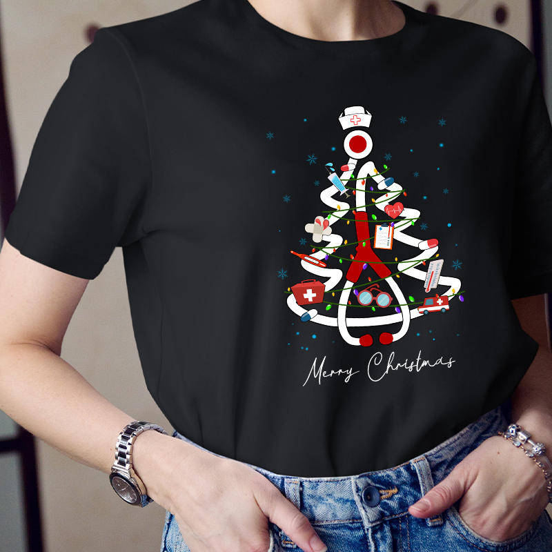 Merry Christmas Stethoscope Tree Nurse T-Shirt