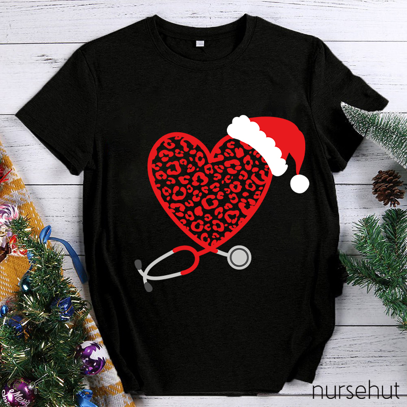 Leopard Red Heart Stethoscope Nurse T-Shirt