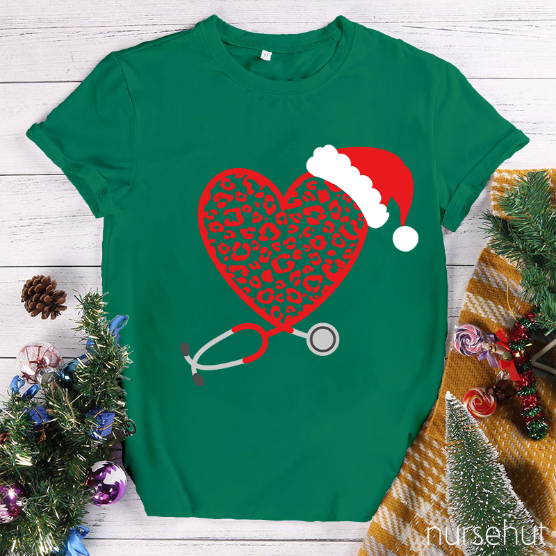 Leopard Red Heart Stethoscope Nurse T-Shirt