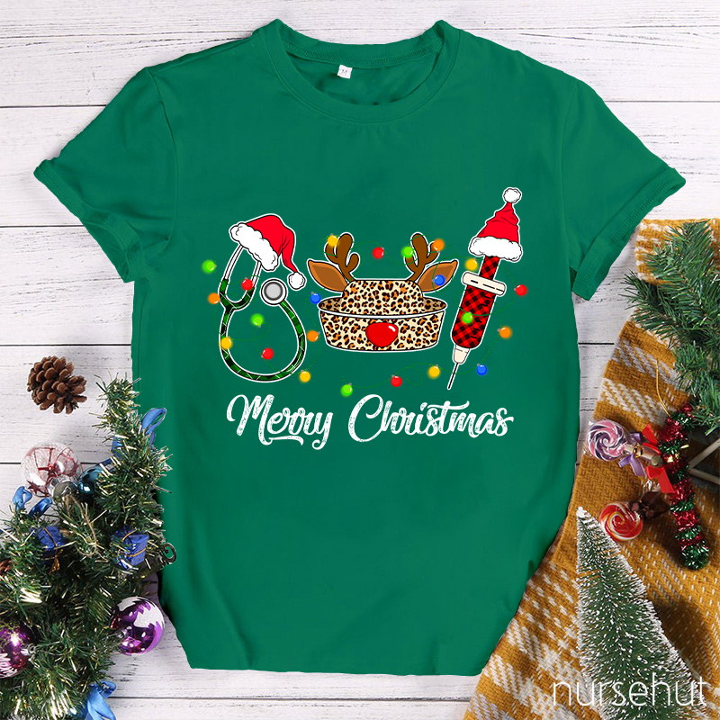 Merry Christmas Leopard Nurse Hat Nurse T-Shirt