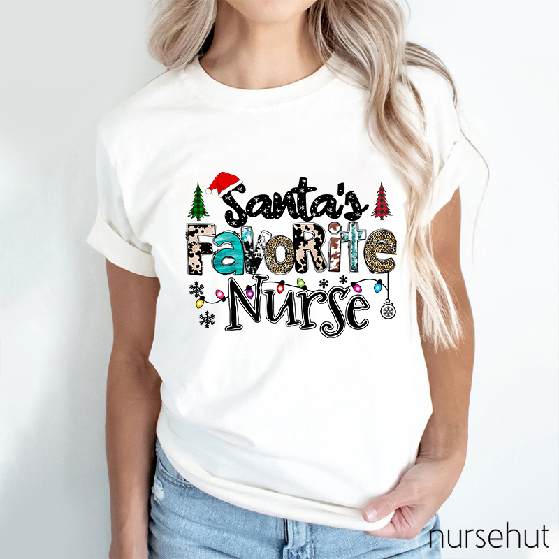 Santa's Favorite Nurse Leopard Christmas Nurse T-Shirt